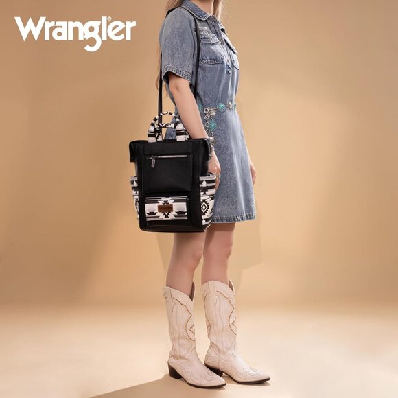 Chic Black Wrangler Aztec Backpack Purse with Adjustable Straps & Zipper Closure - Picture 7 of 7